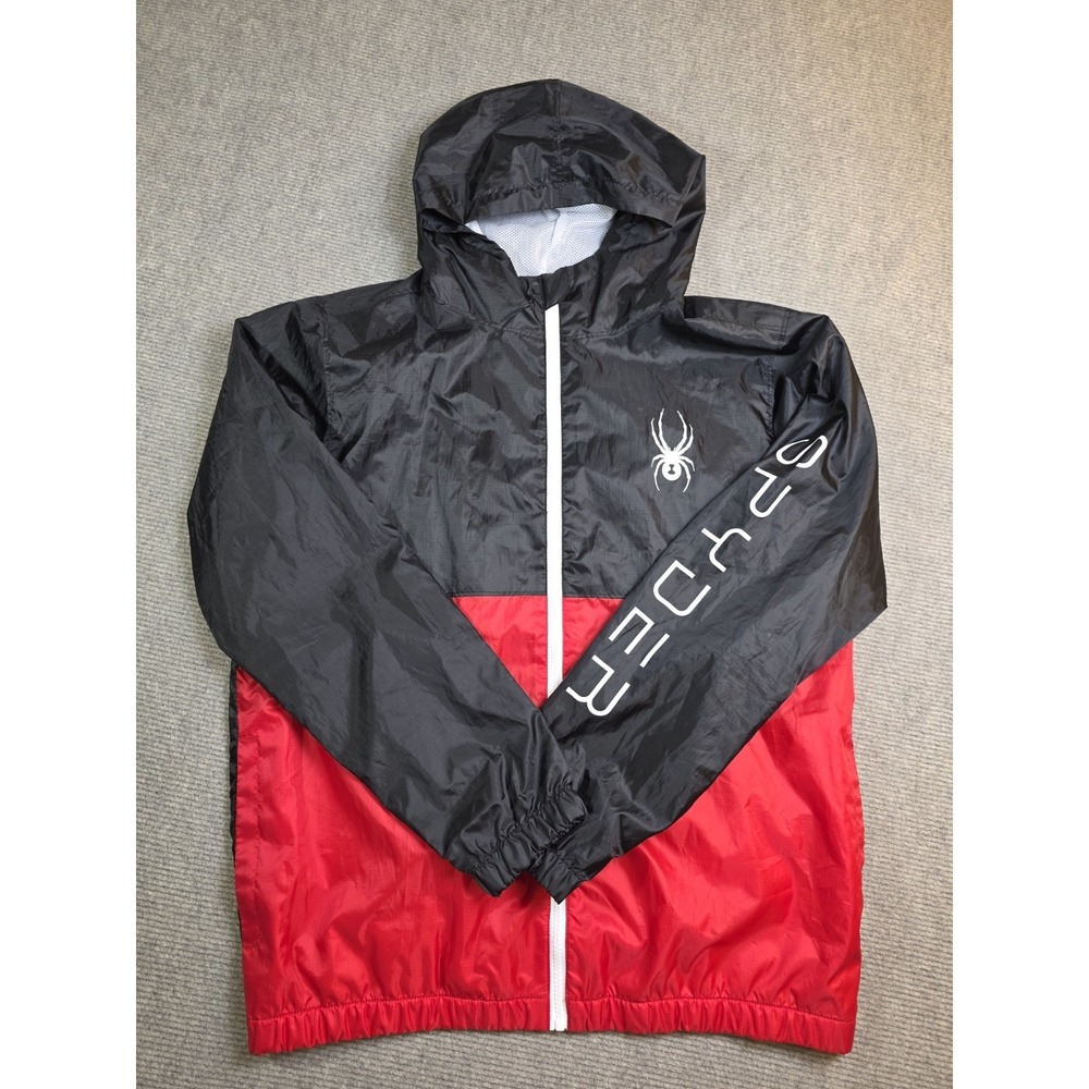 Spyder Men's L Black Red Logo Water Resistant Hooded Windbreaker Mesh Lined - Picture 1 of 12